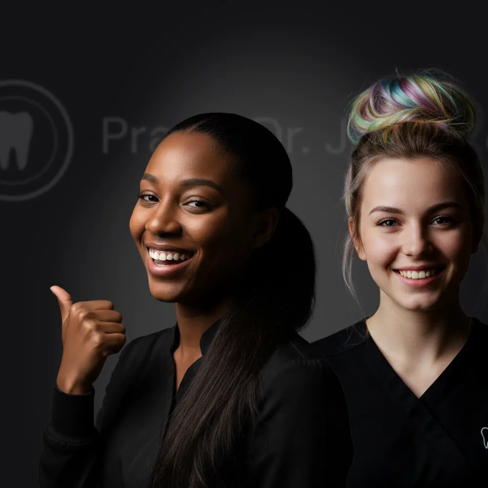 Ein Mann mit ausgebrochenem Zahn sitzt auf dem Bordsteig und lächelt dennoch in die Kamera, weil er weiß, am Montag ist alles wieder von der Praxis Dr. Javadi gerichtet