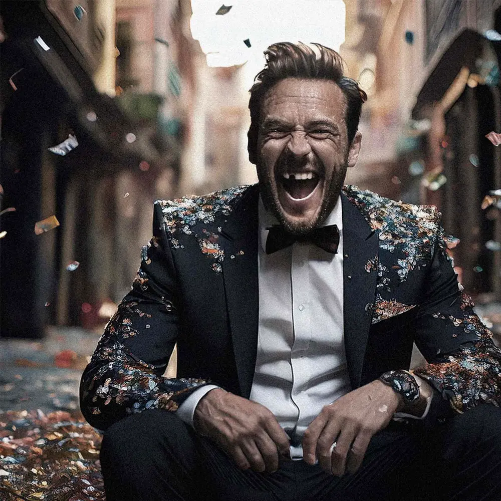 Ein Mann mit ausgebrochenem Zahn sitzt auf dem Bordsteig und lächelt dennoch in die Kamera, weil er weiß, am Montag ist alles wieder von der Praxis Dr. Javadi gerichtet