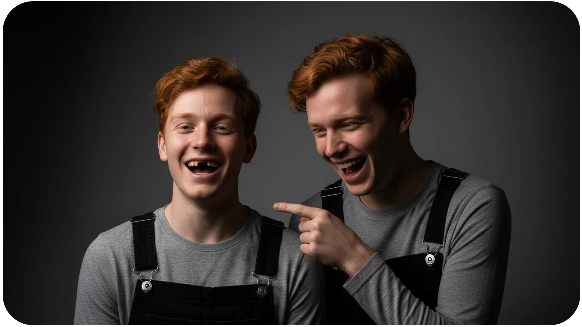 Zwillinge, der eine lacht über die zahnlücke seines Bruders.