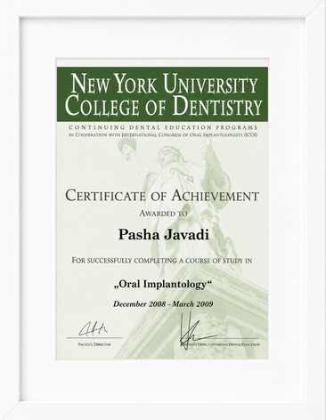 Certificate of Achievement – Oral Implantology für Dr. Pasha Javadi