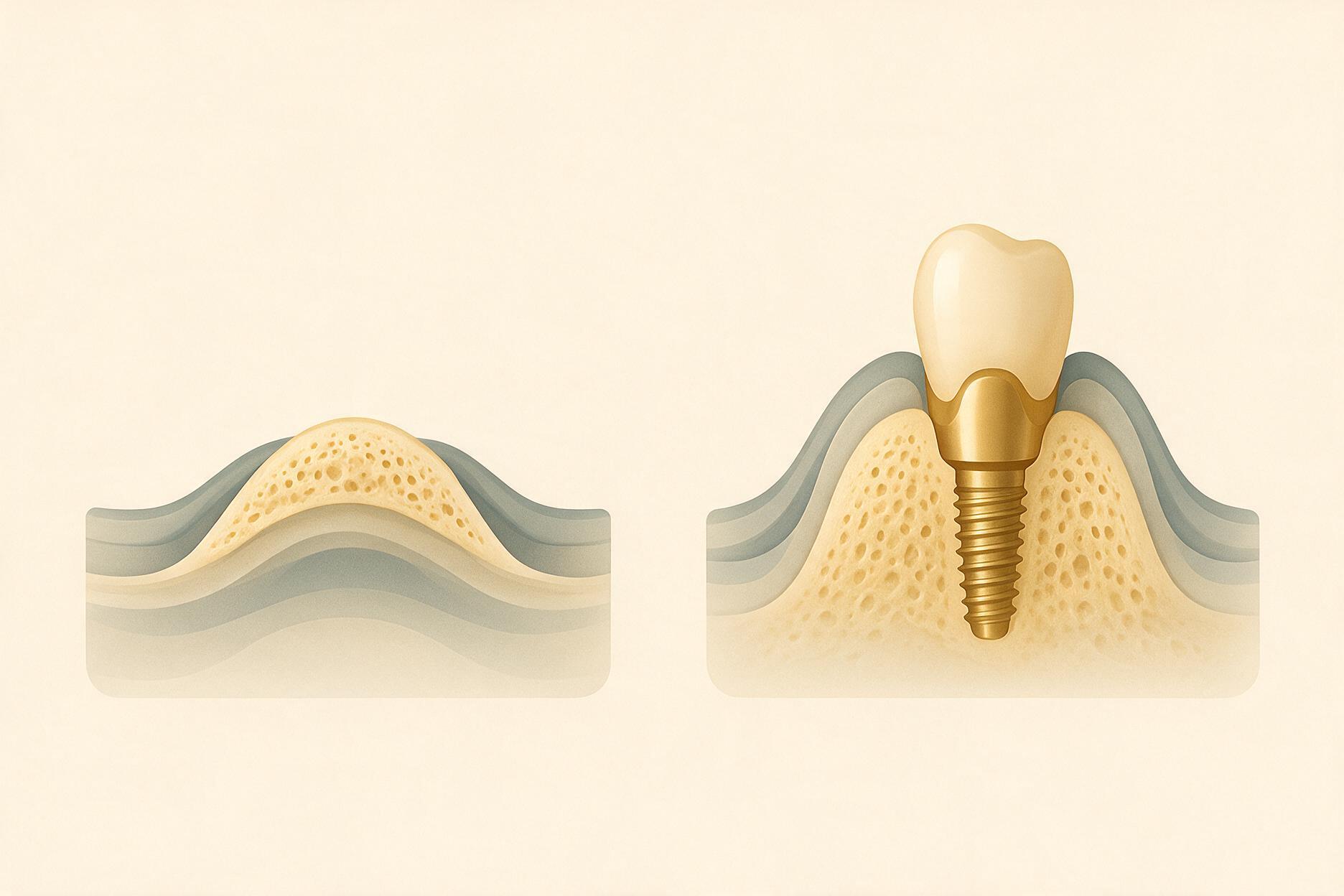 Kieferkamm vor und nach einem Knochenaufbau mit Implantat