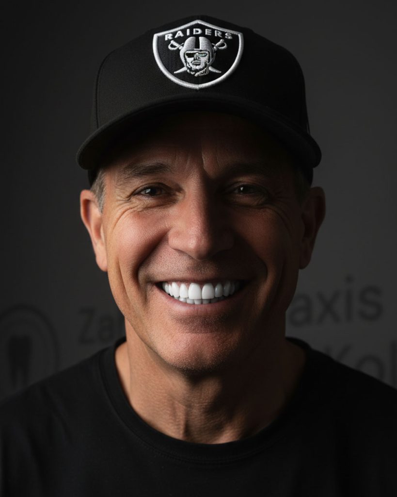 Lächelnder Mann mit schwarzer Cap und T-Shirt vor dunkler Wand mit Praxis-Schriftzug