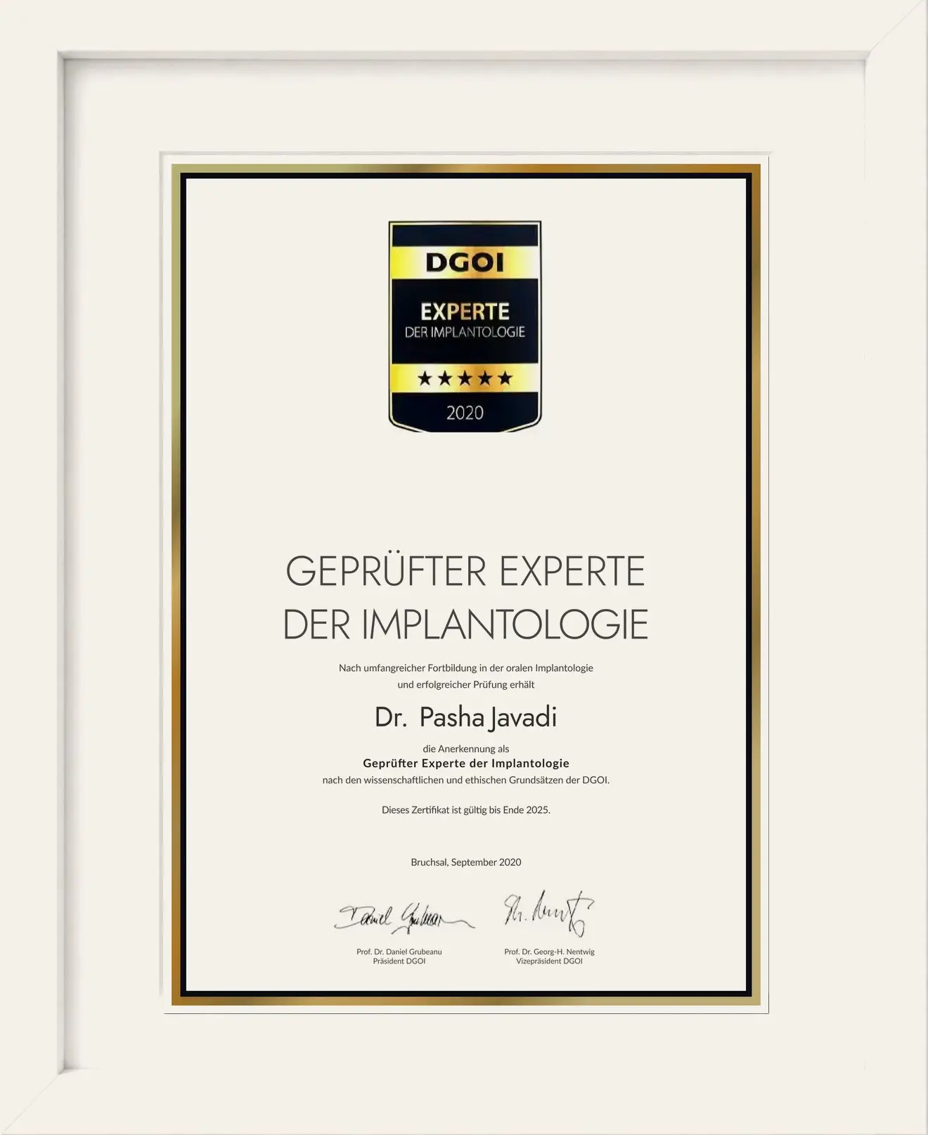 DGOI-Urkunde Geprüfter Experte der Implantologie, Dr. P. Javadi, September 2020