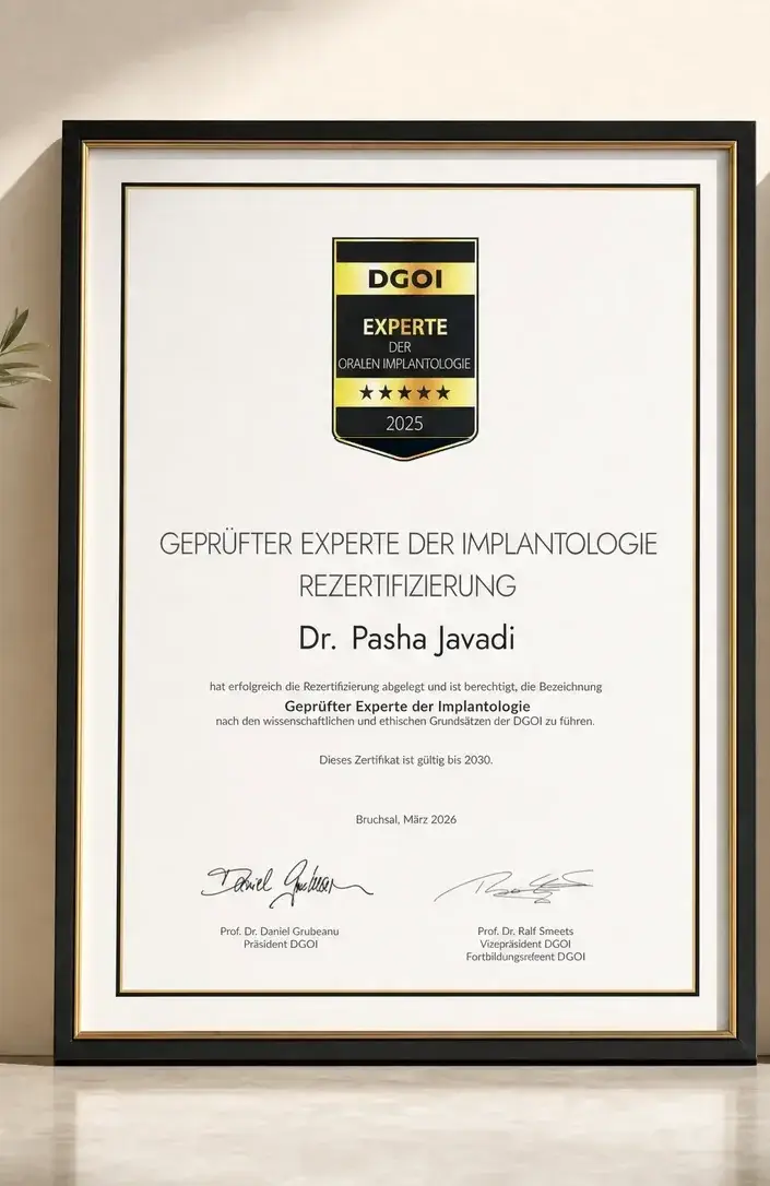 Gerahmte DGOI-Urkunde: Dr. P. Javadi, Geprüfter Experte der Implantologie, Rezertifizierung gültig bis 2030